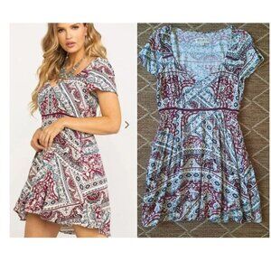 Idyllwind Fueled By Miranda Lambert Dark Red Cream Blue V-Neck Mini Dress Small